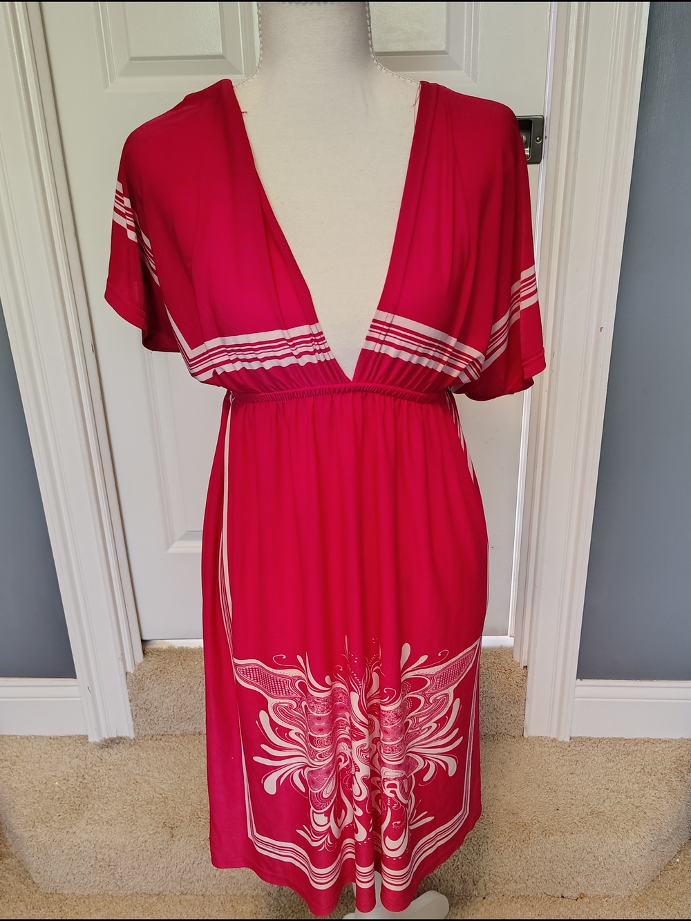 Pink V-Neck Floral Print Midi Dress Large Cruise Vacation Beach - Picture 2 of 6